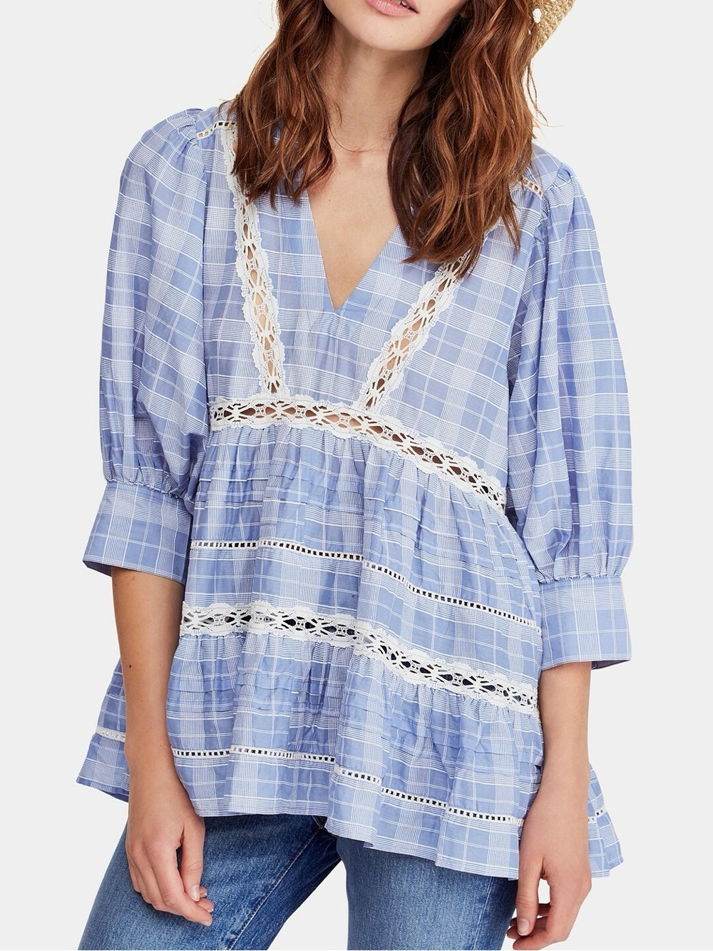 Free People Time Out Lace Blue Plaid 3/4 Sleeve Oversized Tunic Small